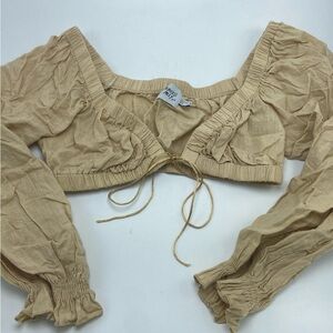 Princess Polly Tan cropped blouse with tie front detail